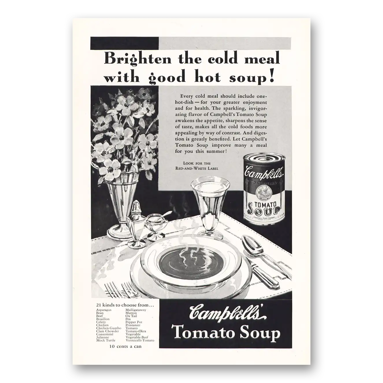 1933 Campbells Tomato Soup Brighten the Cold Meal Vintage Magazine Print Ad