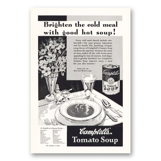 1933 Campbells Tomato Soup Brighten the Cold Meal Vintage Magazine Print Ad