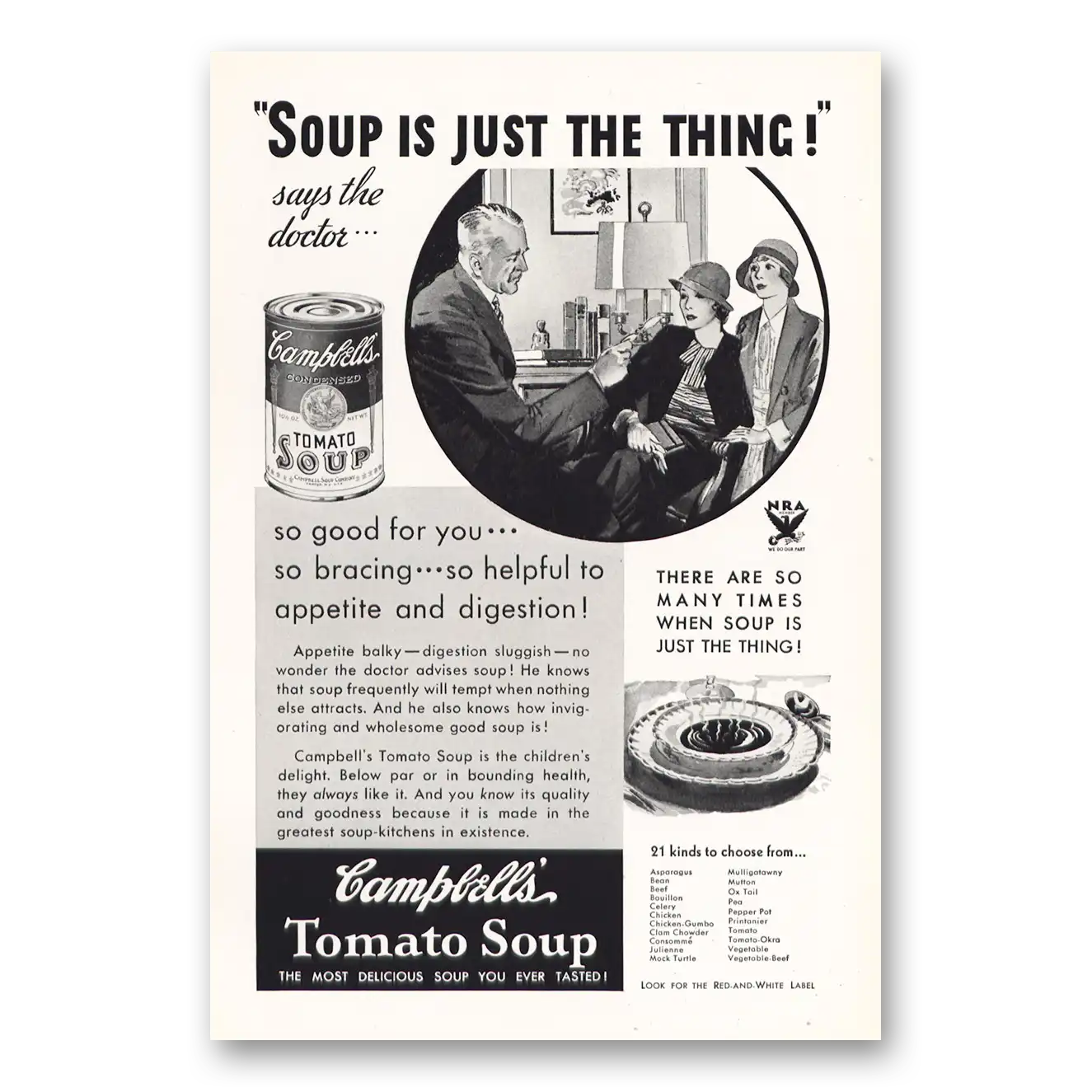 1933 Campbells Tomato Soup Soup is Just the Thing Says the Doctor Vintage Magazine Print Ad