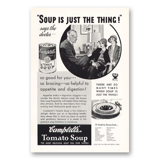 1933 Campbells Tomato Soup Soup is Just the Thing Says the Doctor Vintage Magazine Print Ad