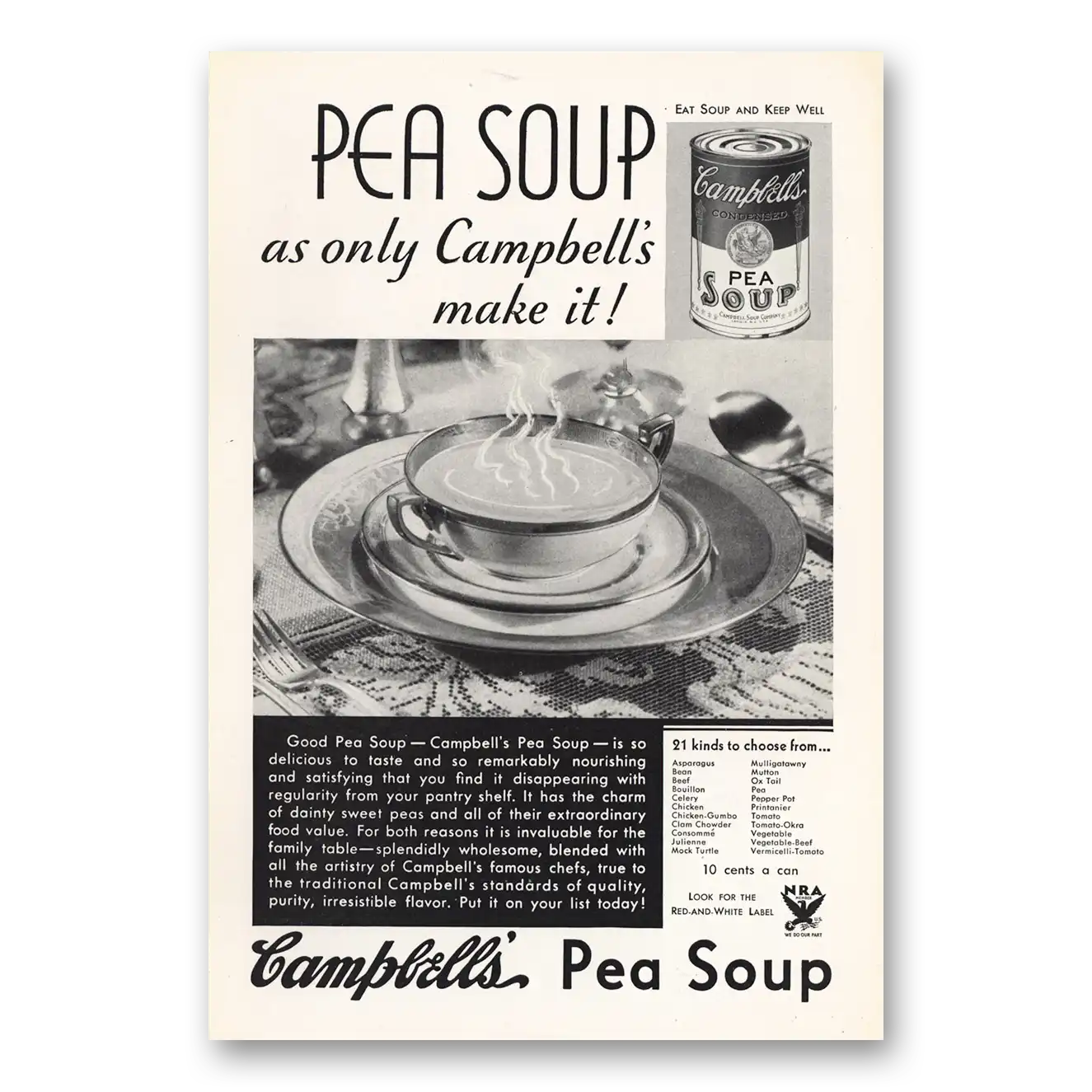 1933 Campbells Pea Soup As Only Campbells Make It Vintage Magazine Print Ad