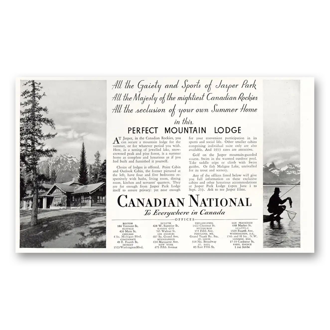 1933 Canadian National Railways All the Gaiety and Sports of Jasper Park Vintage Magazine Print Ad