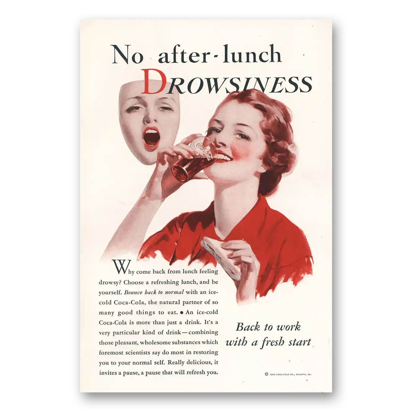 1933 Coca Cola No After Lunch Drowsiness Vintage Magazine Print Ad