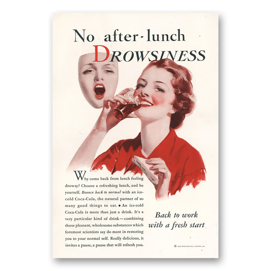 1933 Coca Cola No After Lunch Drowsiness Vintage Magazine Print Ad