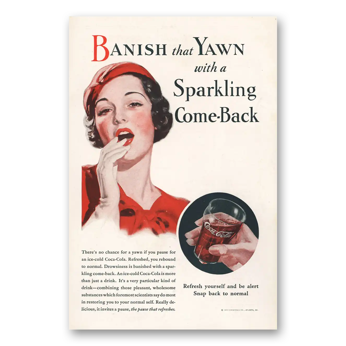 1933 Coca Cola Banish That Yawn Vintage Magazine Print Ad