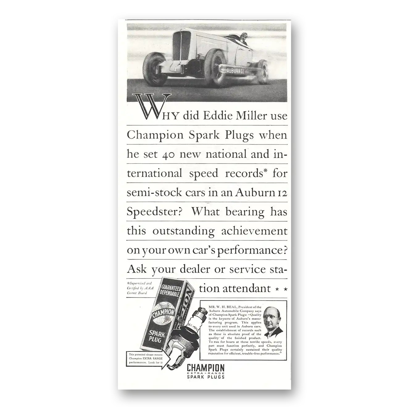 1933 Champion Spark Plugs Eddie Miller Auburn 12 Speedster Vintage Magazine Print Ad