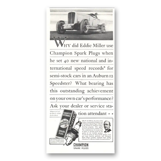 1933 Champion Spark Plugs Eddie Miller Auburn 12 Speedster Vintage Magazine Print Ad