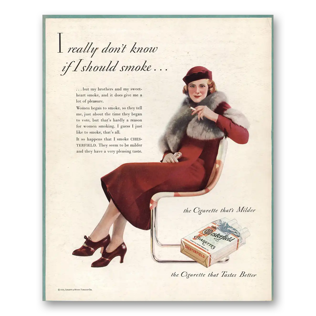 1933 Chesterfield Cigarettes I Really Don't Know If I Should Smoke Vintage Magazine Print Ad