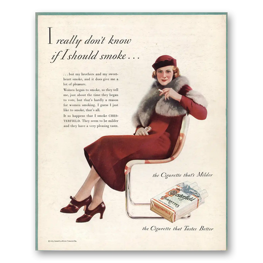 1933 Chesterfield Cigarettes I Really Don't Know If I Should Smoke Vintage Magazine Print Ad