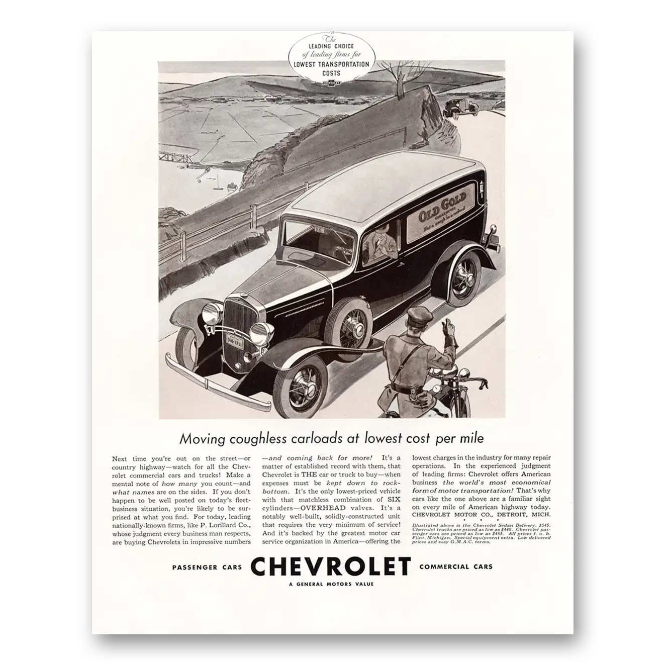 1933 Chevrolet Sedan Moving Coughless Carloads Old Gold Vintage Magazine Print Ad