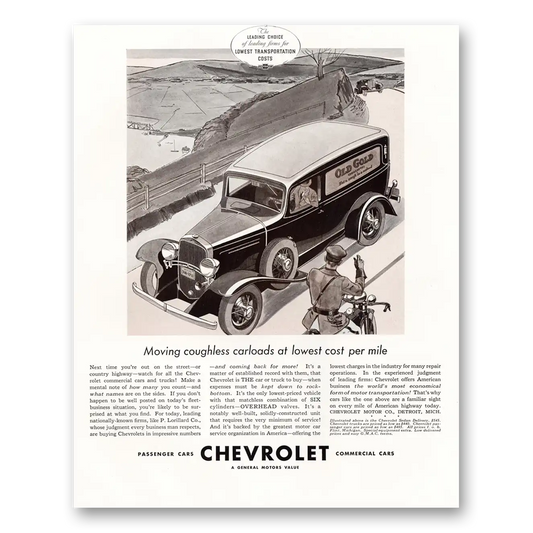 1933 Chevrolet Sedan Moving Coughless Carloads Old Gold Vintage Magazine Print Ad