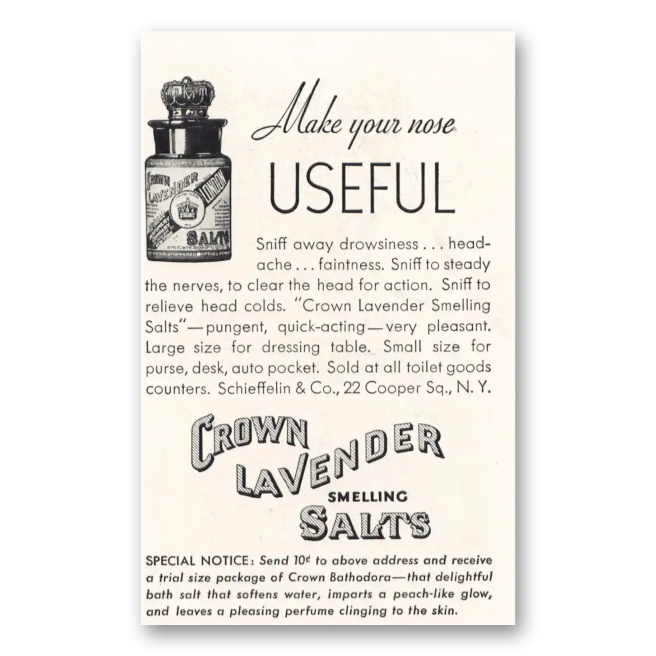 1933 Crown Lavender Smelling Salts Make Your Nose Useful Vintage Magazine Print Ad