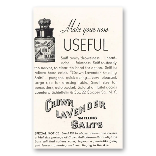 1933 Crown Lavender Smelling Salts Make Your Nose Useful Vintage Magazine Print Ad