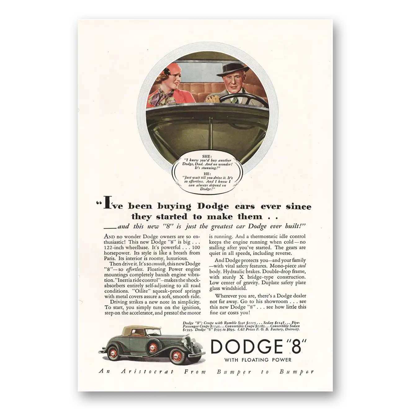 1933 Dodge Eight Knew You'd Buy Another Dodge Dad Vintage Magazine Print Ad