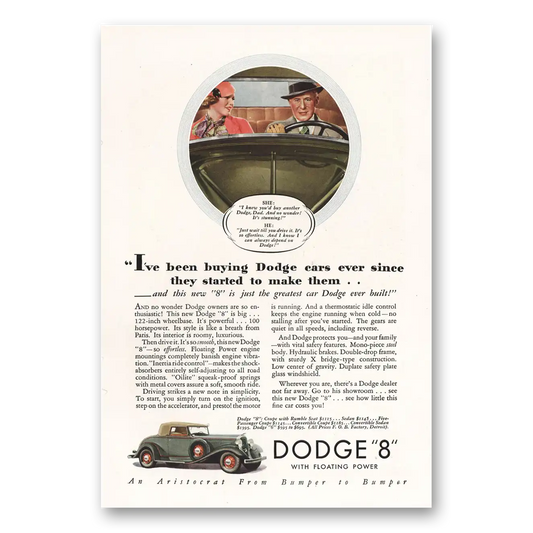 1933 Dodge Eight Knew You'd Buy Another Dodge Dad Vintage Magazine Print Ad