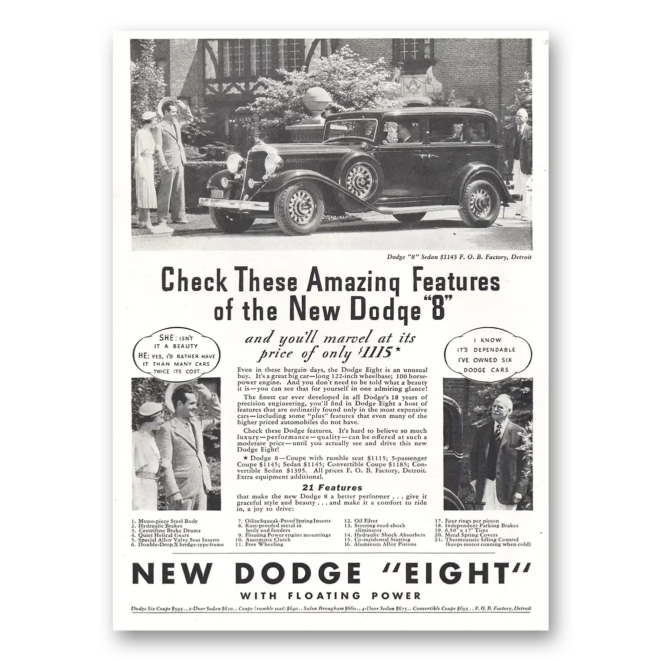 1933 Dodge Eight Check These Amazing Features Vintage Magazine Print Ad