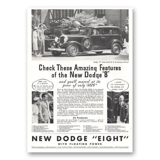 1933 Dodge Eight Check These Amazing Features Vintage Magazine Print Ad