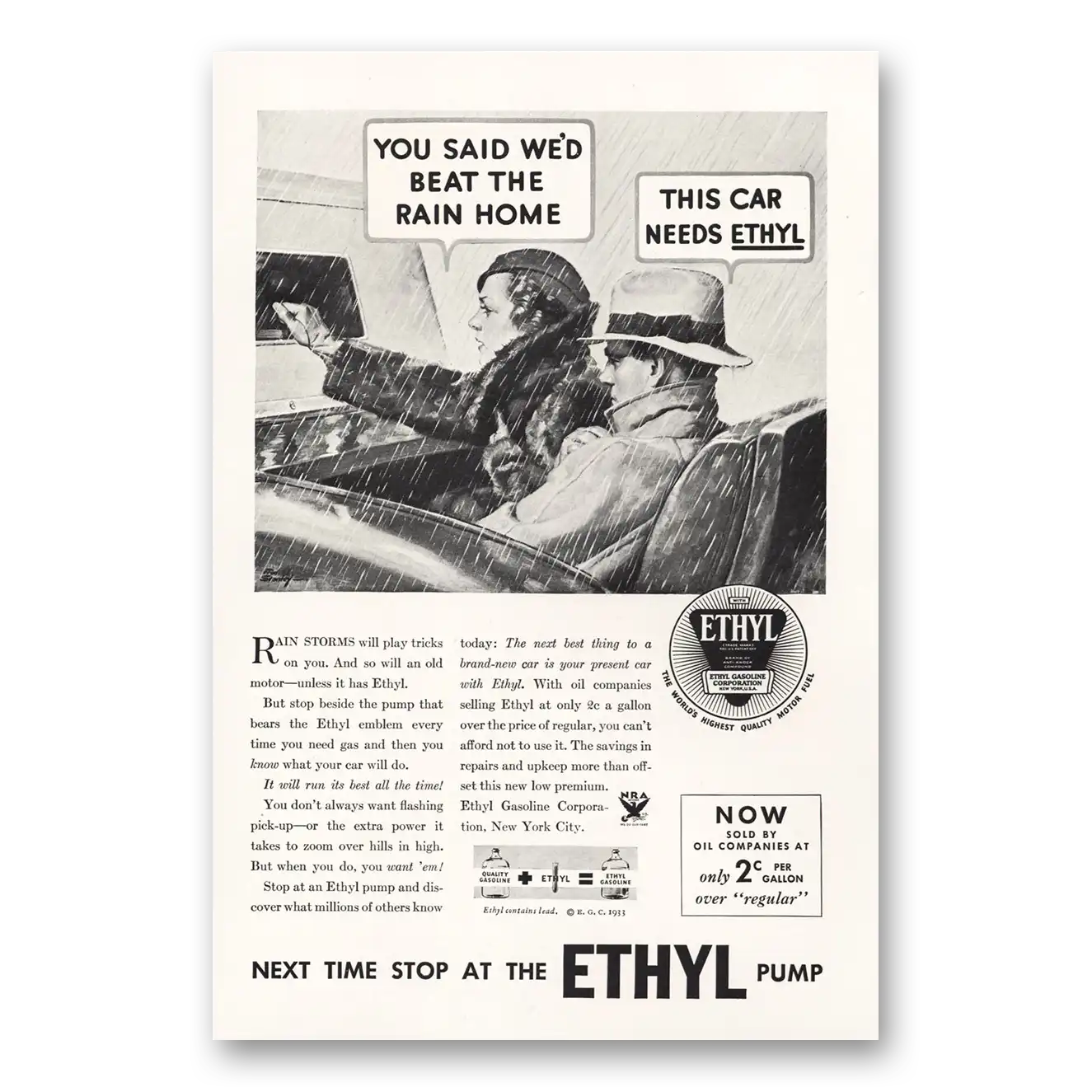 1933 Ethyl Gasoline You Said We'd Beat the Rain Home Vintage Magazine Print Ad