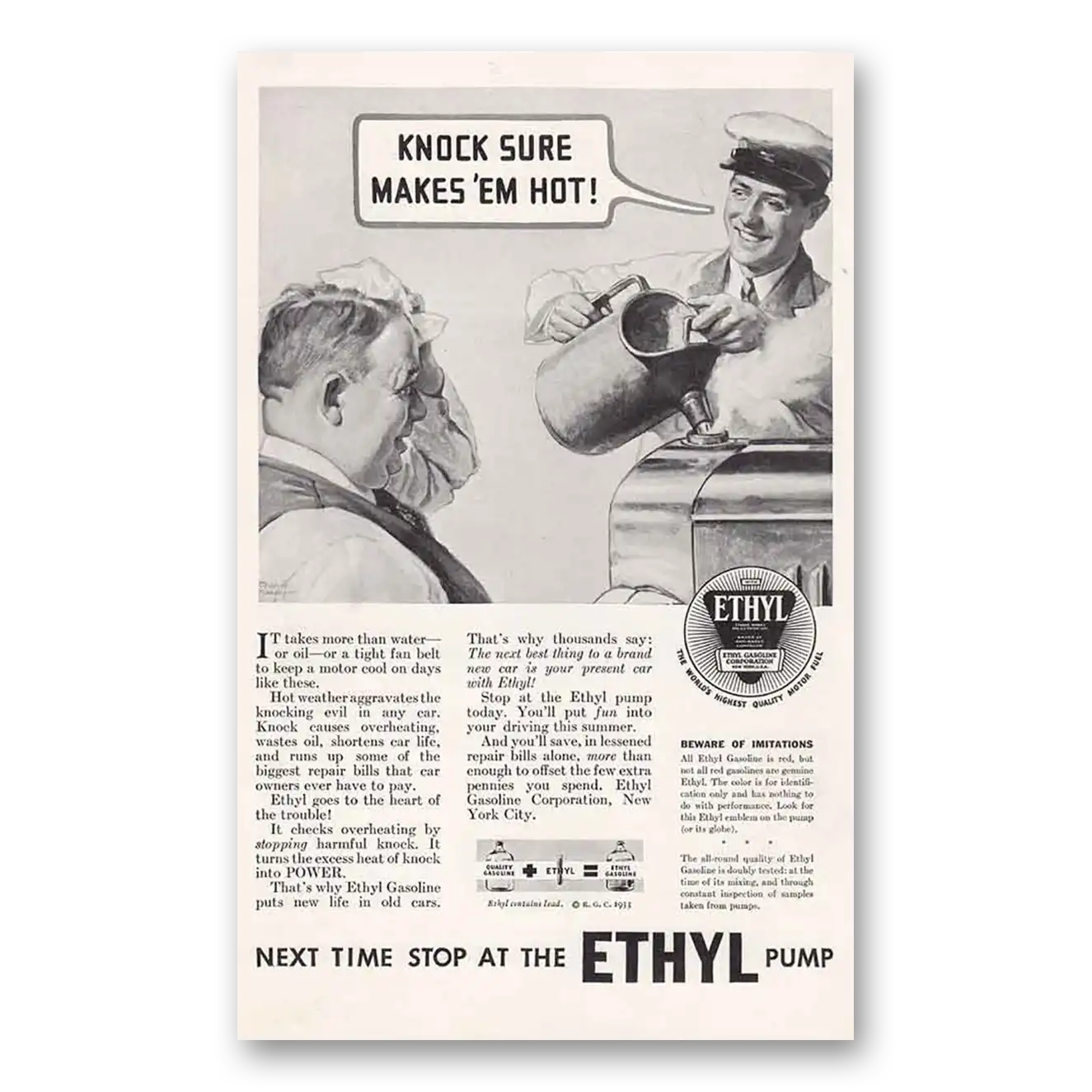 1933 Ethyl Gasoline Knock Sure Make Em Hot Vintage Magazine Print Ad