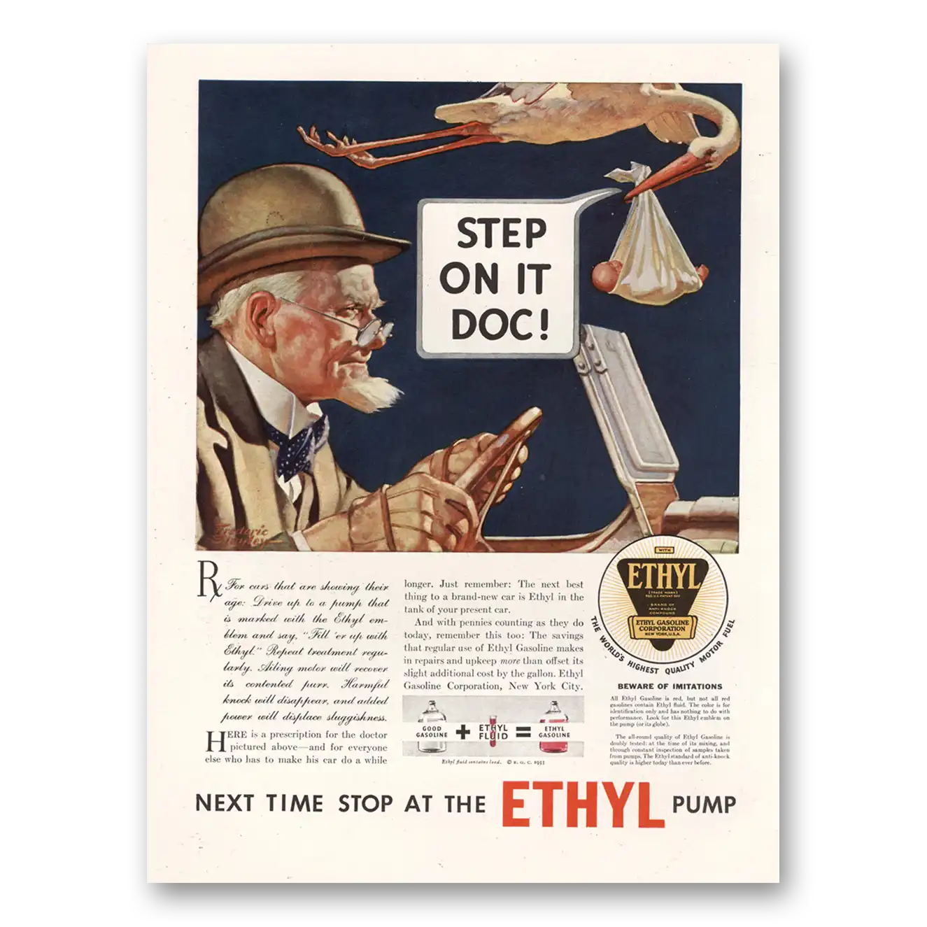 1933 Ethyl Gasoline Step On It Doc Stork Vintage Magazine Print Ad