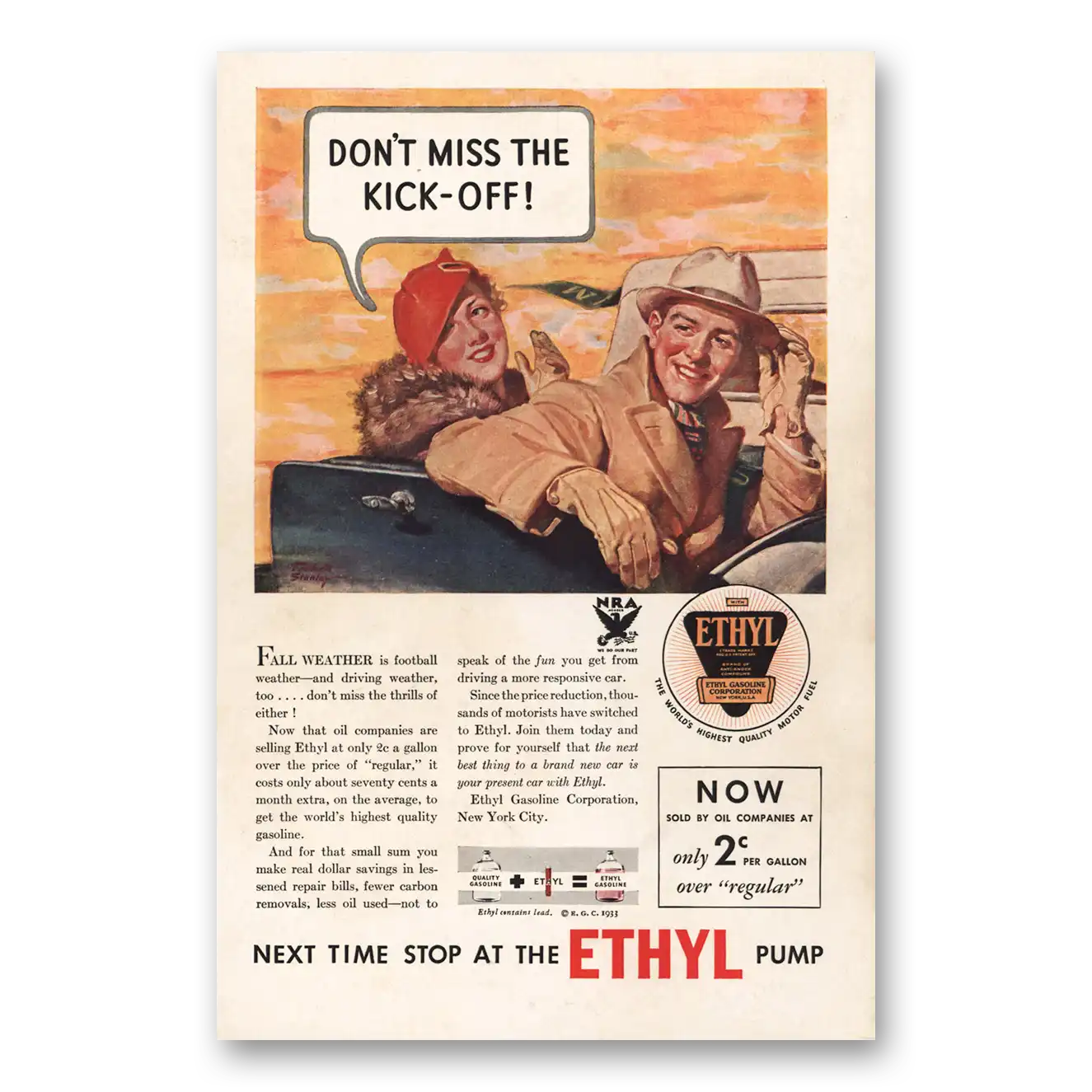 1933 Ethyl Gasoline Don’t Miss the Kick Off Vintage Magazine Print Ad