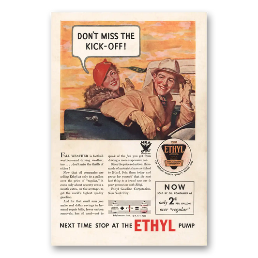 1933 Ethyl Gasoline Don’t Miss the Kick Off Vintage Magazine Print Ad