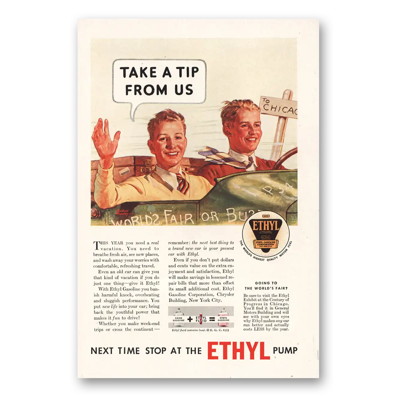 1933 Ethyl Gasoline Take a Tip From Us Vintage Magazine Print Ad