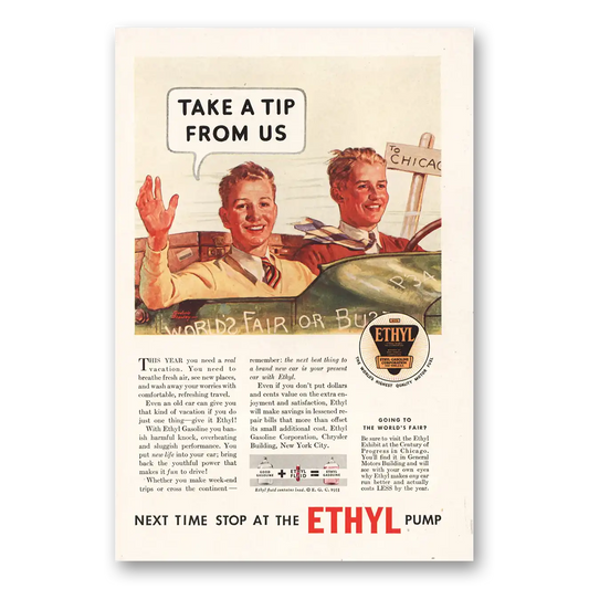 1933 Ethyl Gasoline Take a Tip From Us Vintage Magazine Print Ad