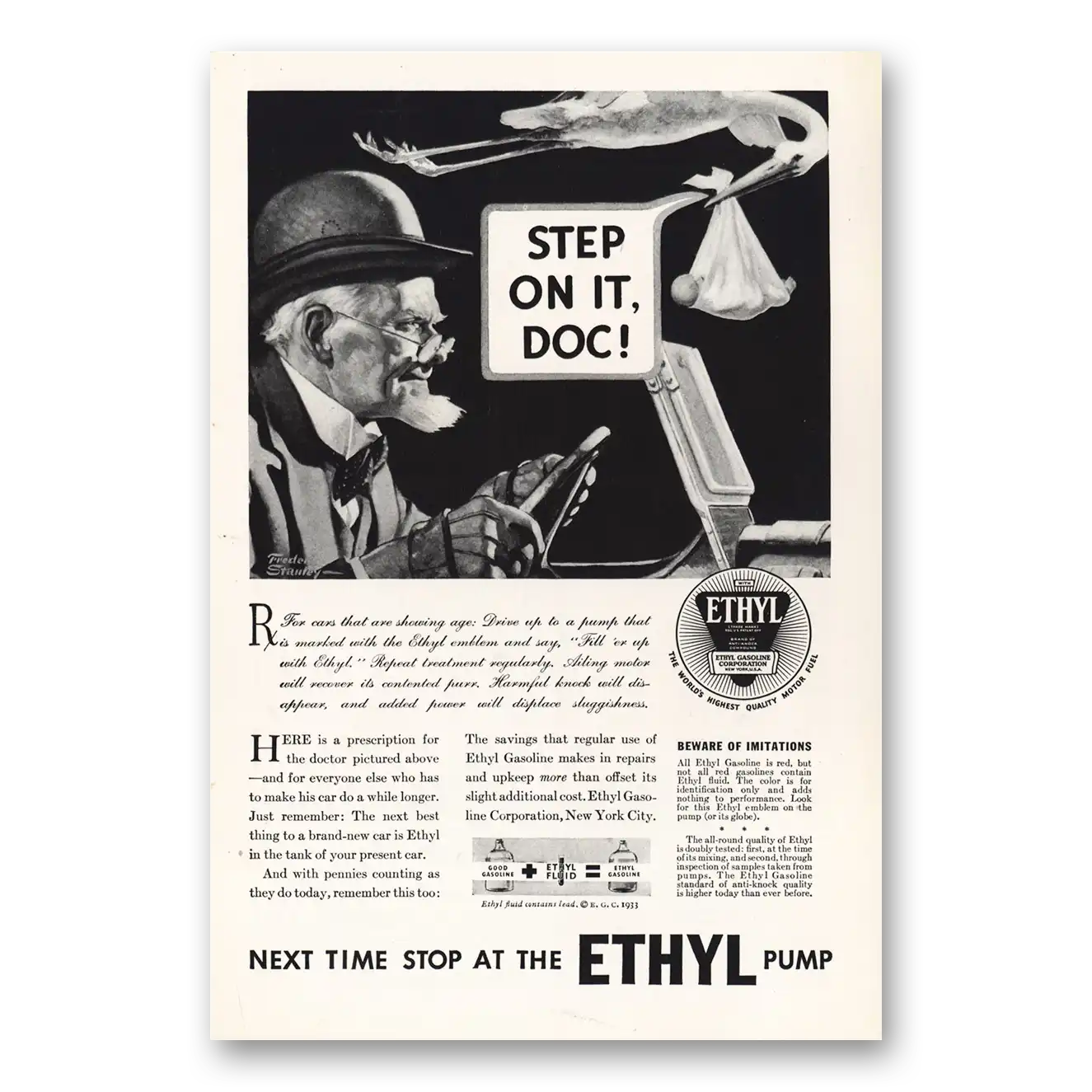 1933 Ethyl Gasoline Step On It Doc Vintage Magazine Print Ad