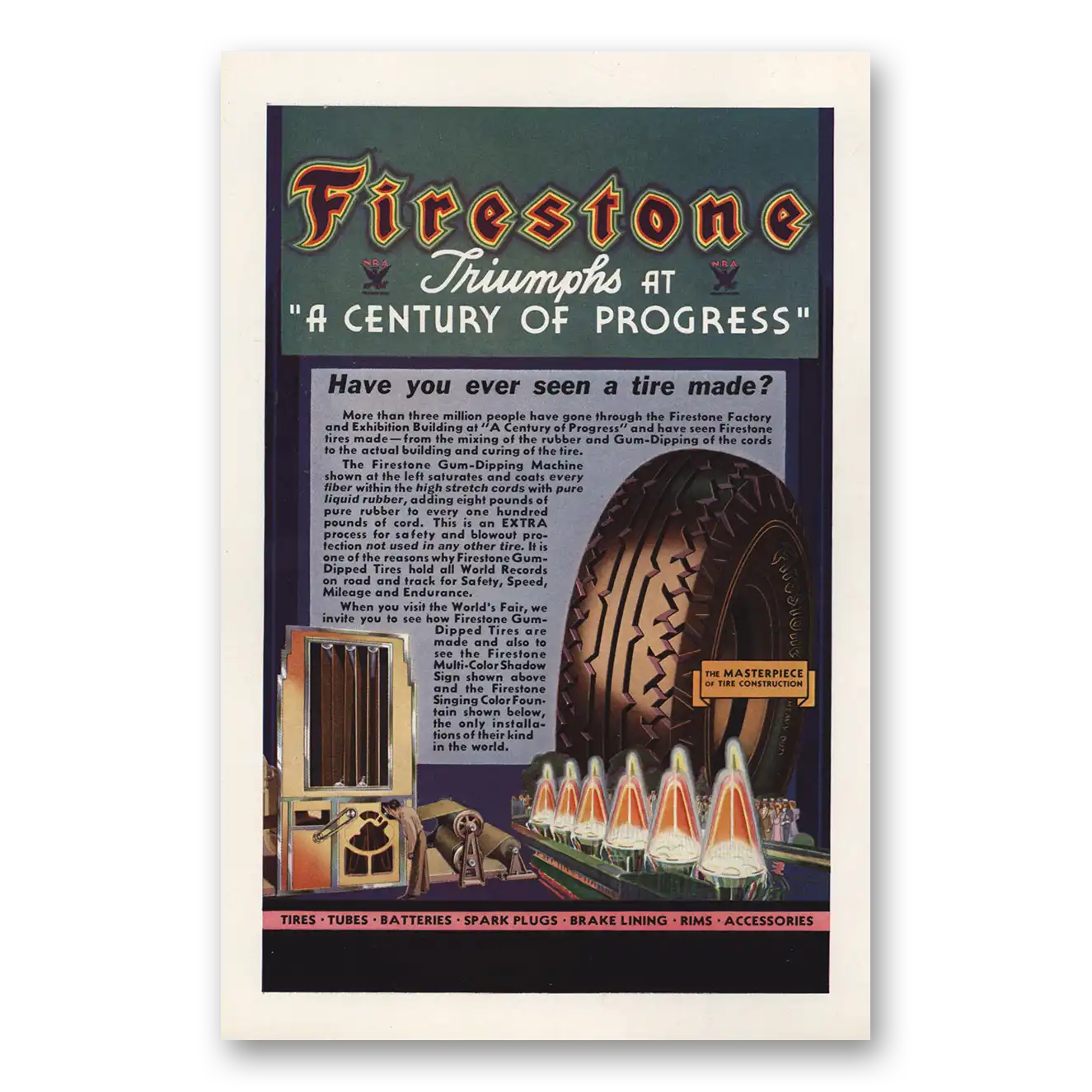 1933 Firestone Tires Triumphs at A Century of Progress Vintage Magazine Print Ad