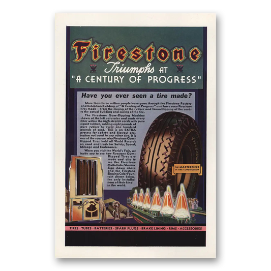 1933 Firestone Tires Triumphs at A Century of Progress Vintage Magazine Print Ad