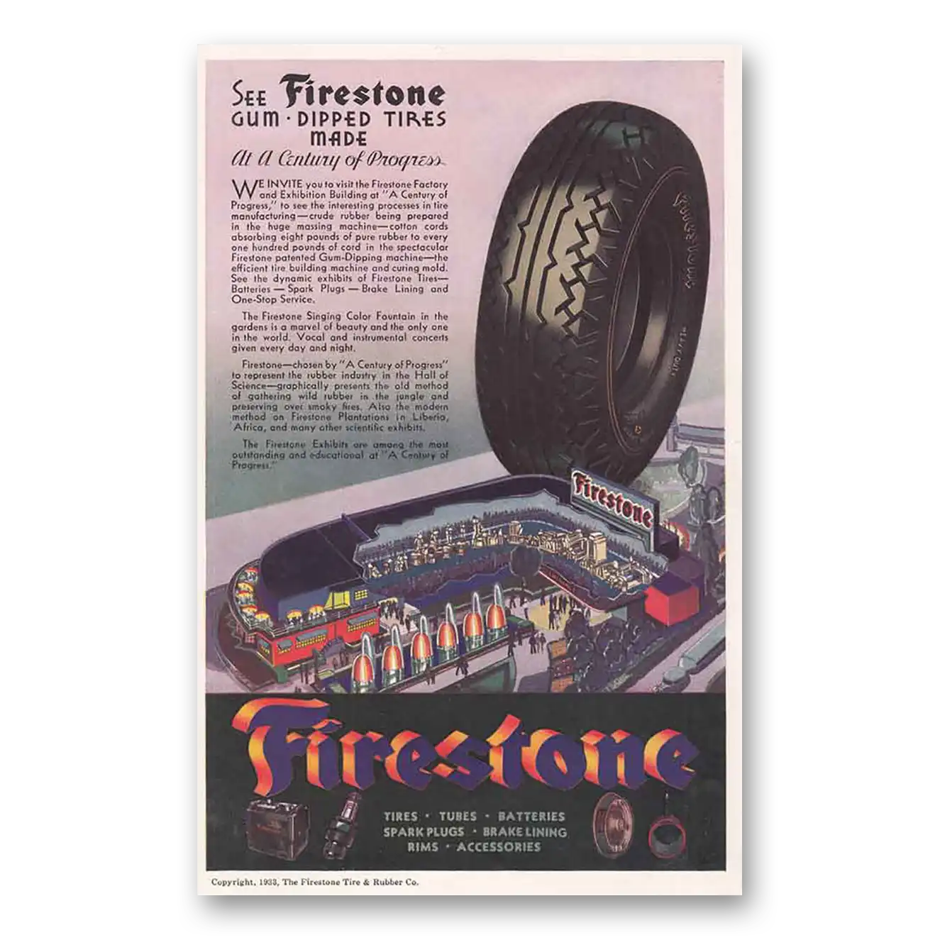 1933 Firestone Tires Gum Dipped Tires Century of Progress Vintage Magazine Print Ad