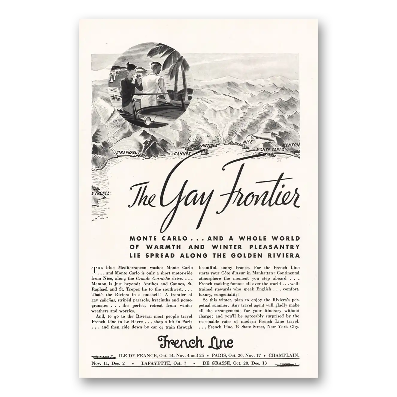 1933 French Line Gay Frontier Monte Carlo Vintage Magazine Print Ad