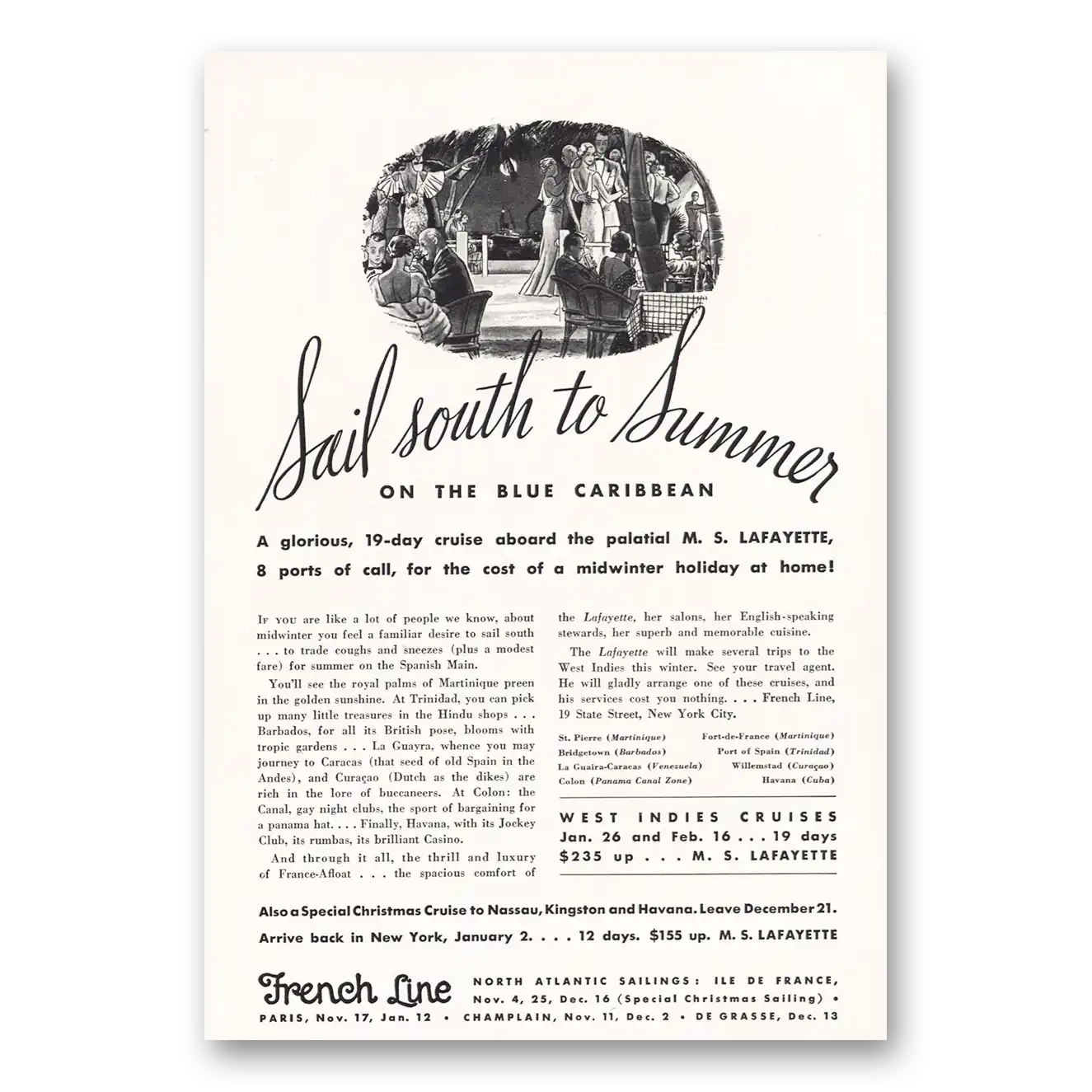 1933 French Line Sail South to Summer Vintage Magazine Print Ad