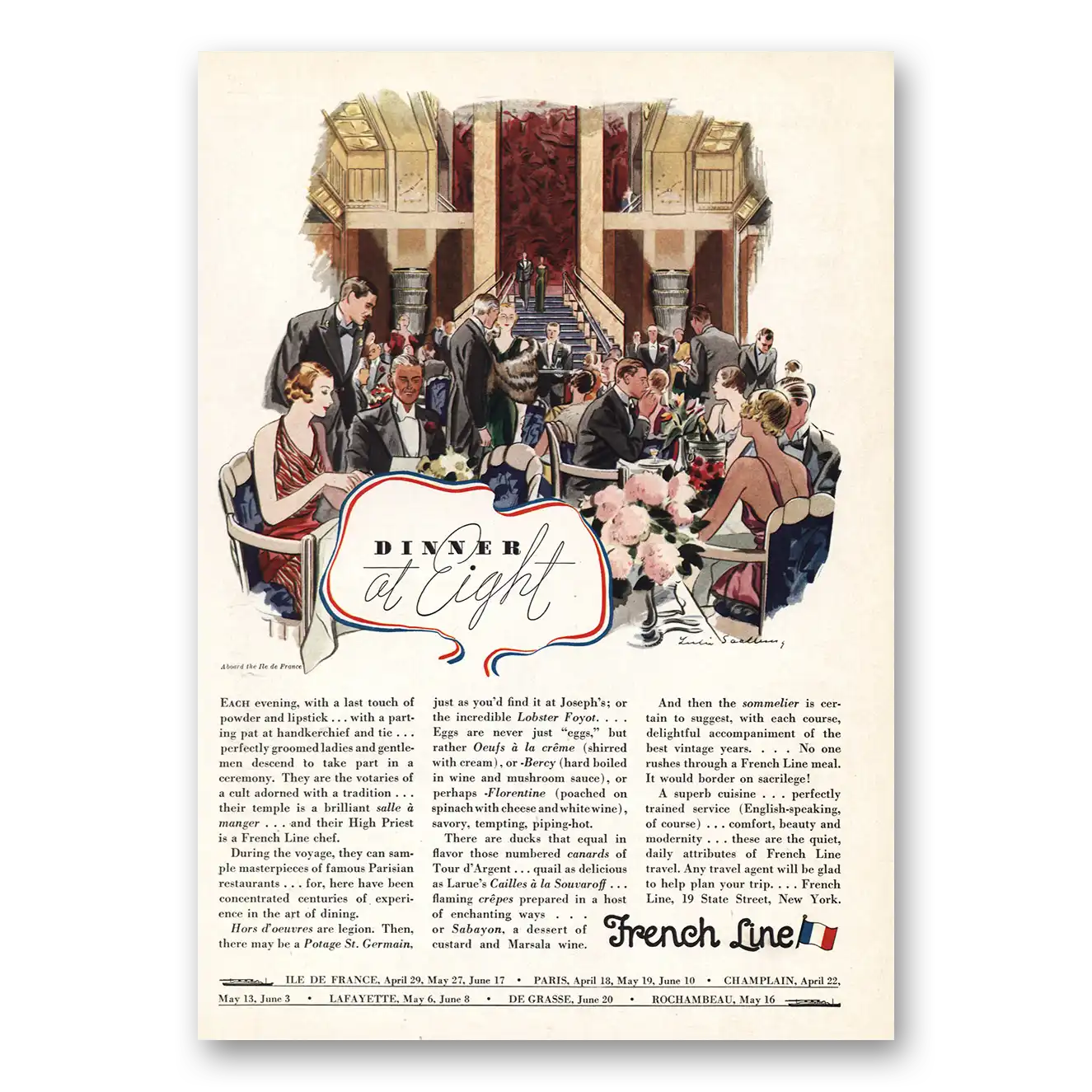 1933 French Line Dinner at Eight Vintage Magazine Print Ad