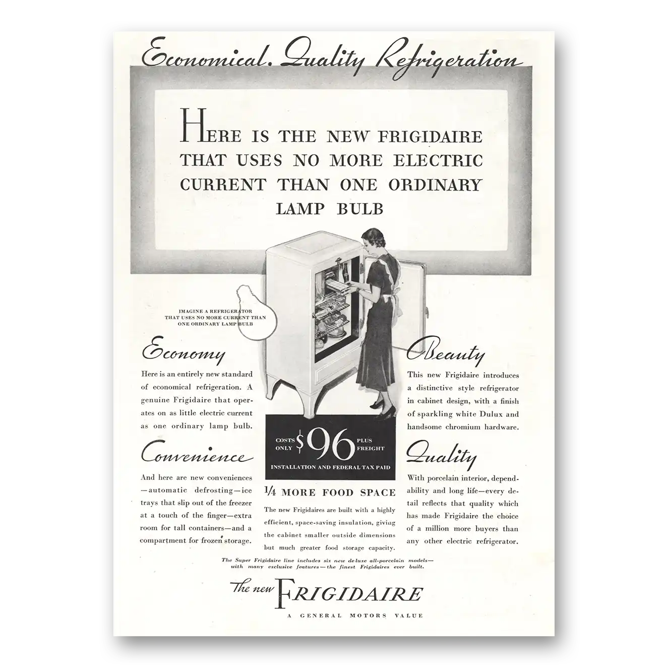 1933 Frigidaire Refrigerator No More Electric Than One Ordinary Lamp Bulb Vintage Magazine Print Ad