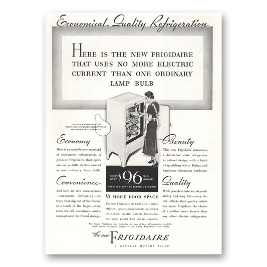 1933 Frigidaire Refrigerator No More Electric Than One Ordinary Lamp Bulb Vintage Magazine Print Ad