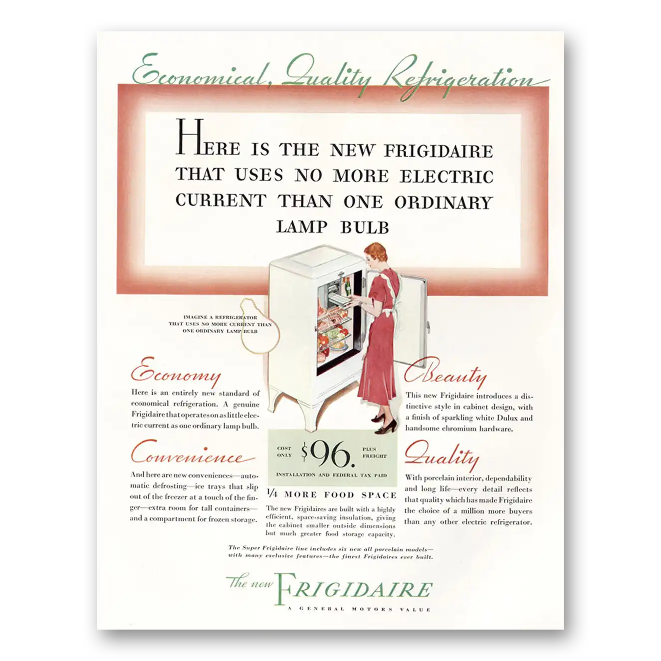 1933 Frigidaire Refrigerator Uses No More Electric Current Vintage Magazine Print Ad