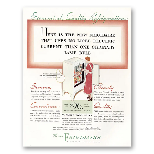 1933 Frigidaire Refrigerator Uses No More Electric Current Vintage Magazine Print Ad