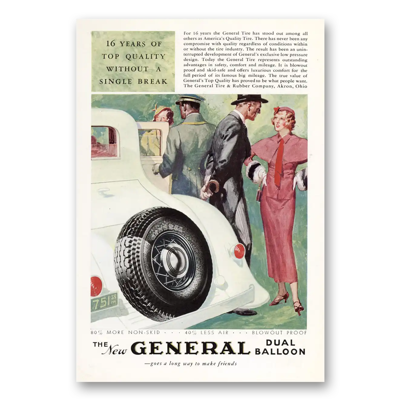 1933 General Tire Dual Balloon Tires 16 Years Without a Single Break Vintage Magazine Print Ad