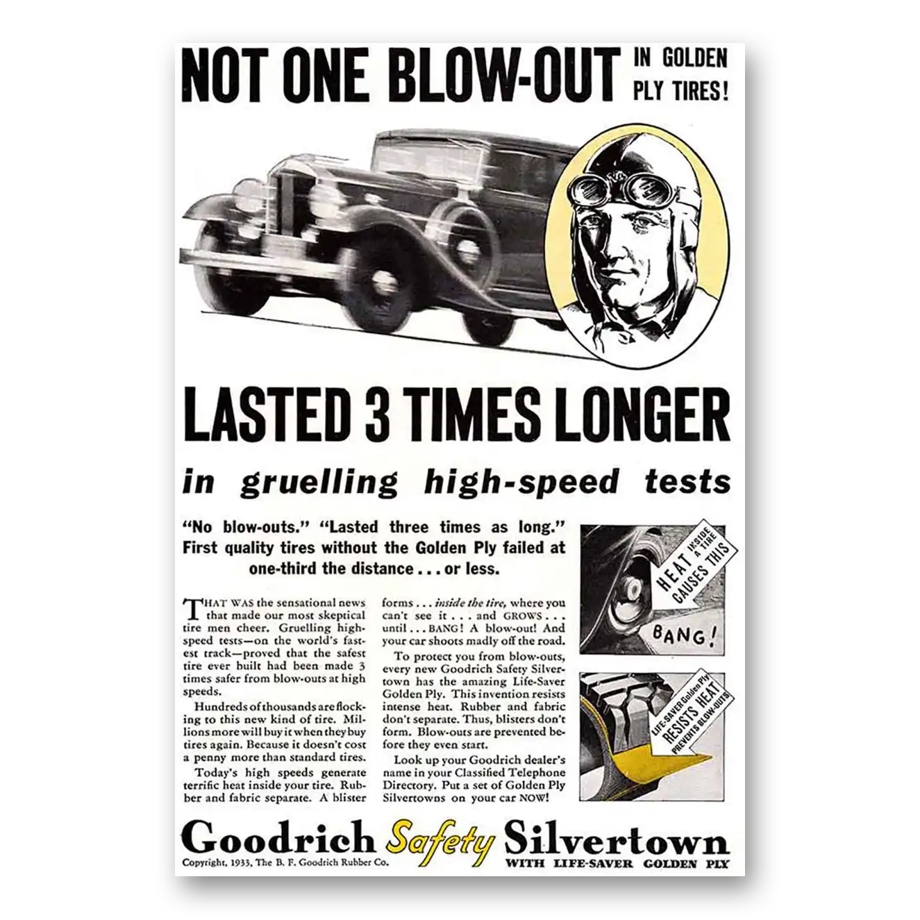 1933 Goodrich Silvertown Tires Not One Blow Out Vintage Magazine Print Ad