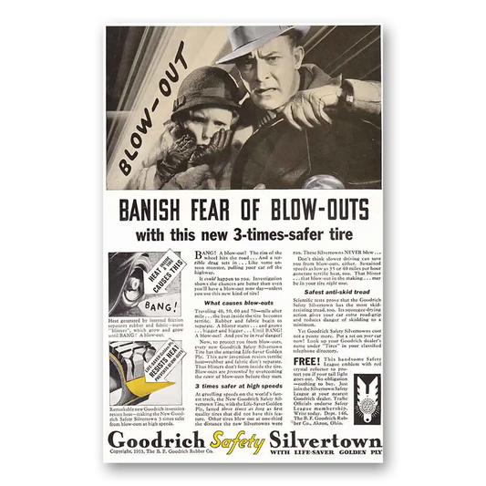 1933 Goodrich Silvertown Tires Banish Fear Vintage Magazine Print Ad