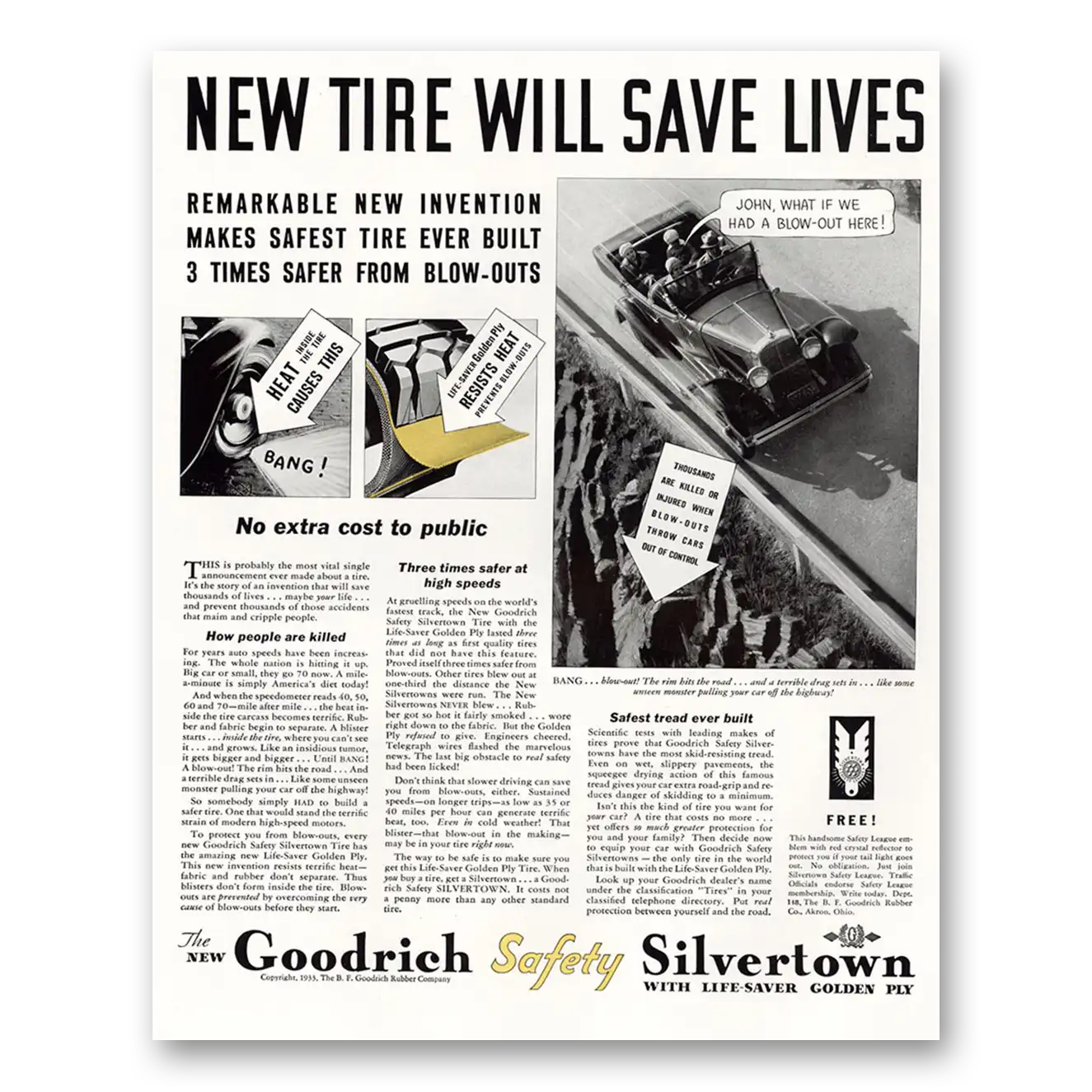 1933 Goodrich Tires New Tire Will Save Lives Vintage Magazine Print Ad