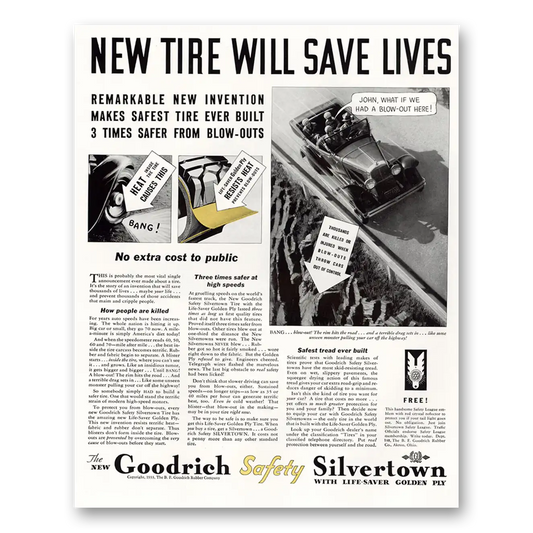 1933 Goodrich Tires New Tire Will Save Lives Vintage Magazine Print Ad