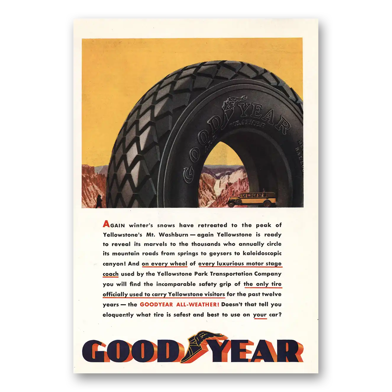 1933 Goodyear Tires Yellowstones Mt Washburn Vintage Magazine Print Ad