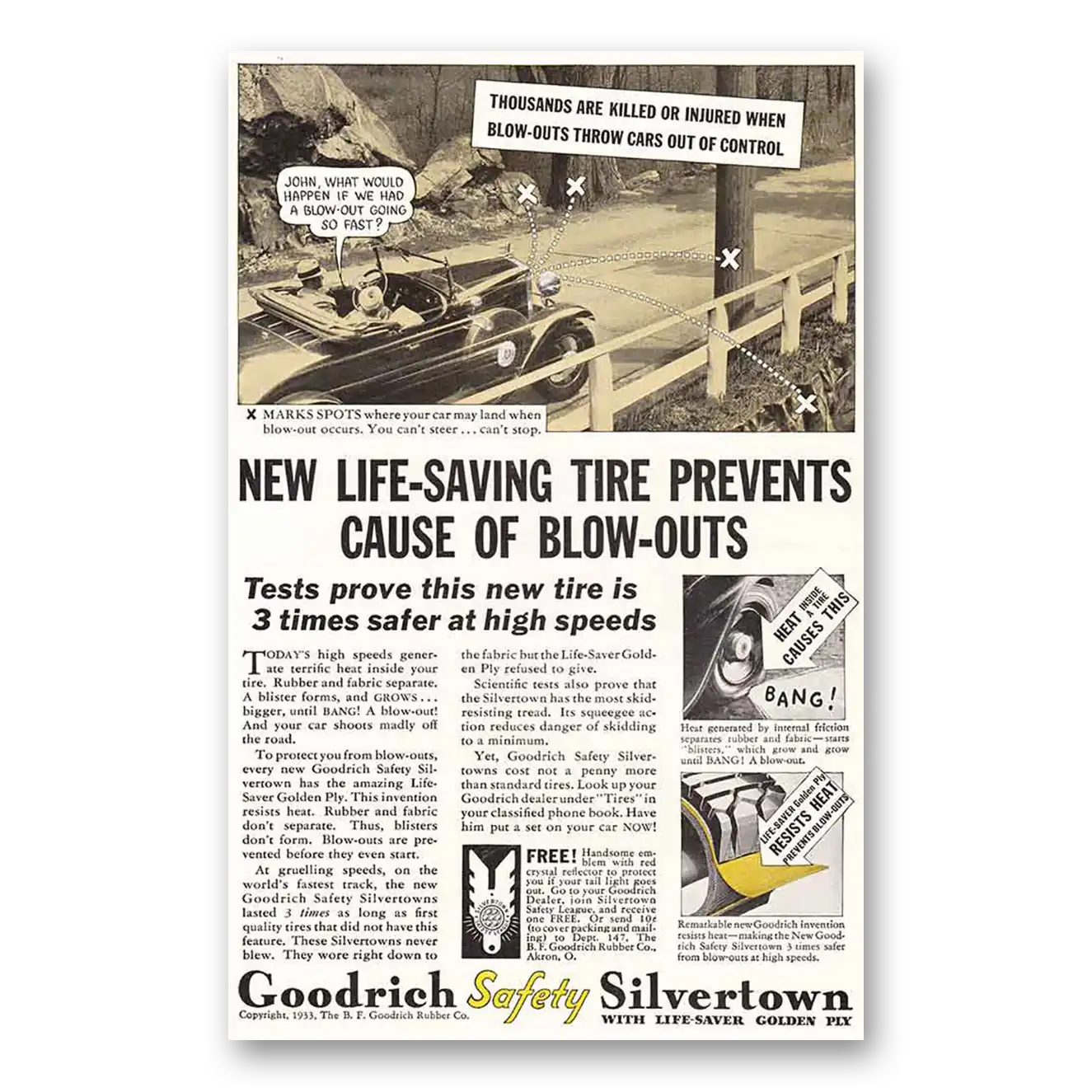 1933 Goodrich Silvertown Tires New Life Saving Tire Prevents Blow Outs Vintage Magazine Print Ad