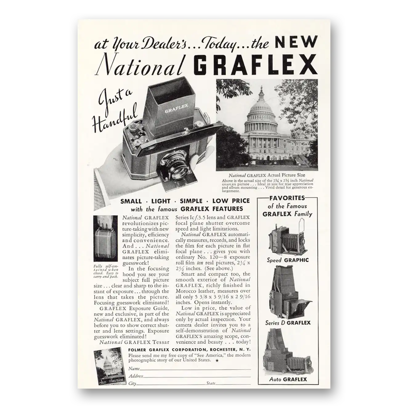 1933 Graflex Cameras National Graflex Just a Handful Vintage Magazine Print Ad