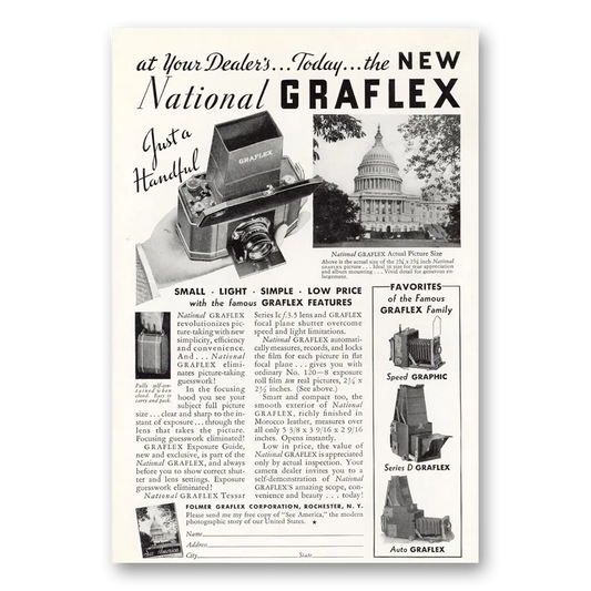 1933 Graflex Cameras National Graflex Just a Handful Vintage Magazine Print Ad