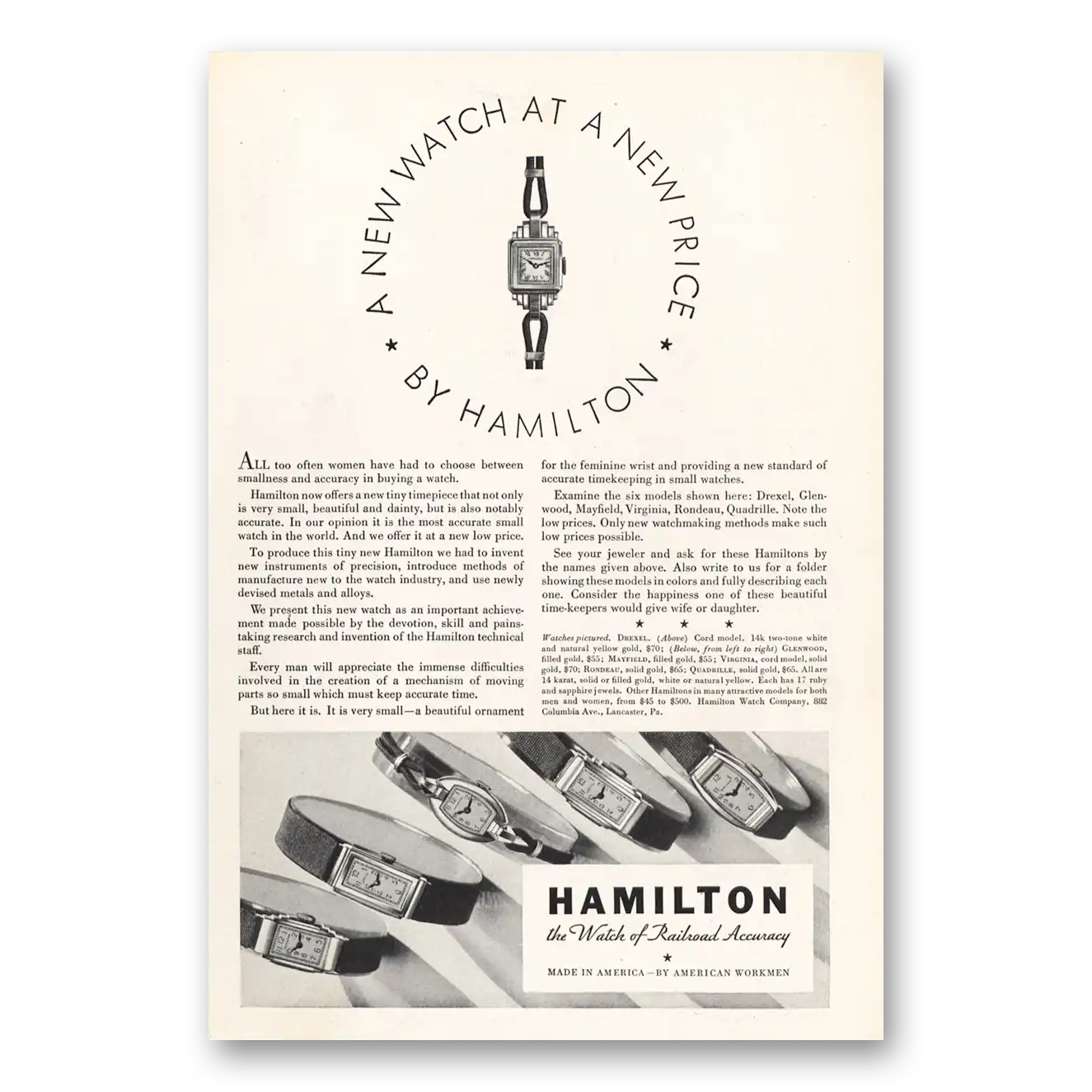 1933 Hamilton Watch New Watch At a New Price Vintage Magazine Print Ad