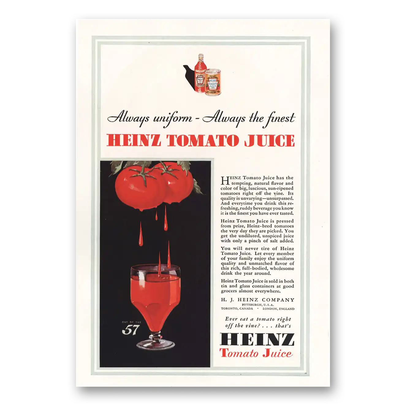 1933 Heinz Tomato Juice Always Uniform Vintage Magazine Print Ad